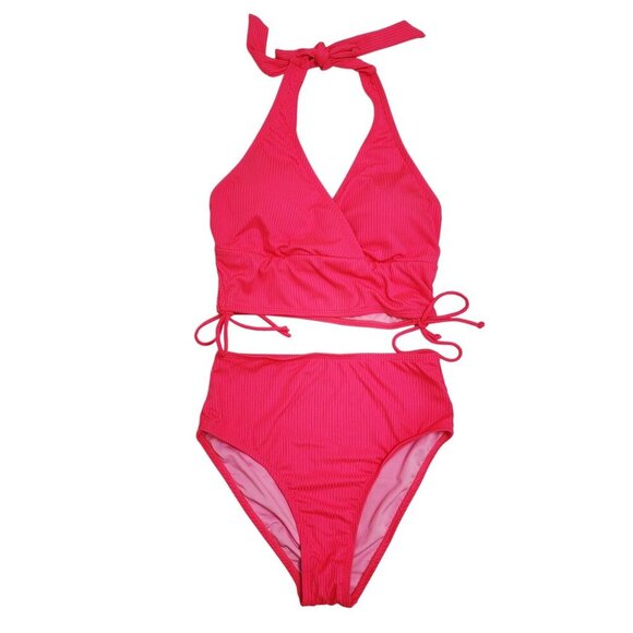 Hot Pink Womens Ribbed Halter High-Waisted Bikini Set Adjustable Ties Size M - Picture 1 of 5